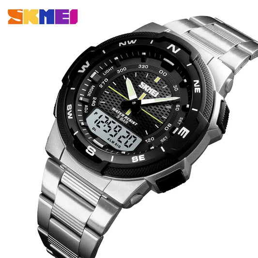 SKMEI-Relógio de pulso impermeável masculino, pulseira de aço inoxidável, cronômetro, cronógrafo, relógio esportivo, moda