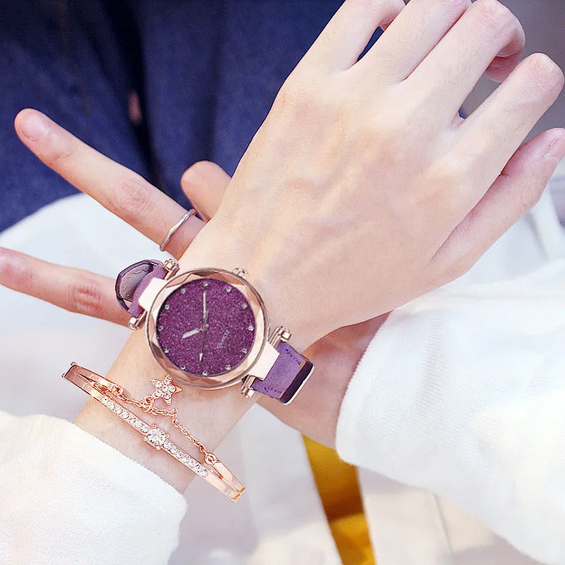 Relógio romântico do céu estrelado feminino, pulseira de couro, relógio designer de strass, relógio feminino, vestido simples, relógios casuais
