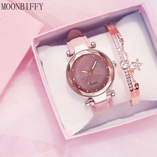 Relógio romântico do céu estrelado feminino, pulseira de couro, relógio designer de strass, relógio feminino, vestido simples, relógios casuais
