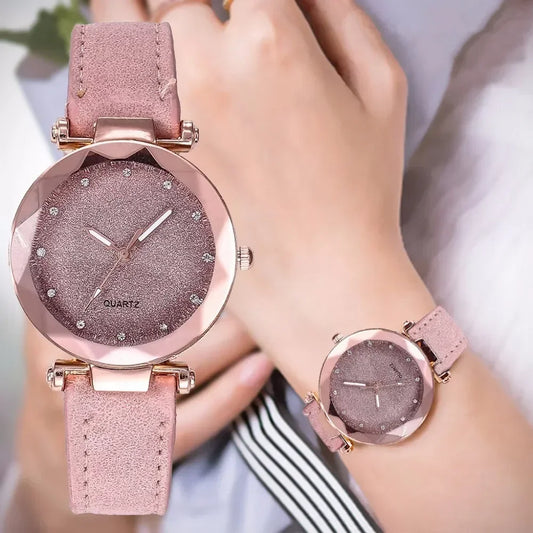 Relógio de quartzo com strass para mulheres, rosa, star sky, casual, moda, negócios, romântico, presente de natal